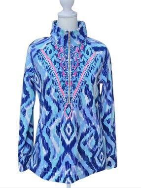 Lilly Pulitzer Blue Ikat Print Quarter Zip Pullover Long Sleeve Sz S Like New